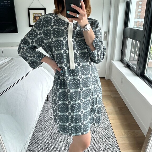 J. Crew Medallion Geometric 3/4 Sleeve Shift Dress Green White Size 8 - Picture 1 of 8